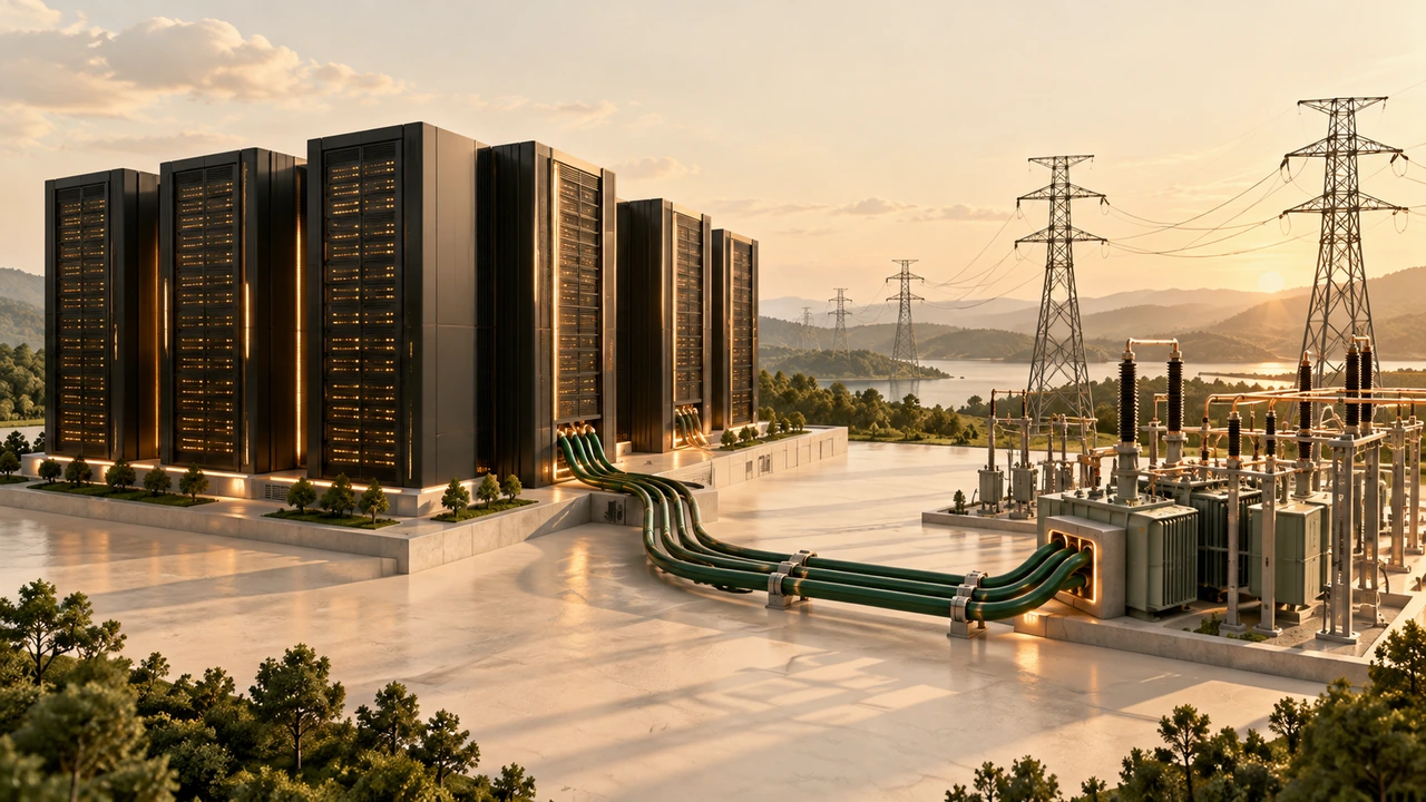 Conceptual illustration of data-centre servers connected to electrical grid infrastructure.