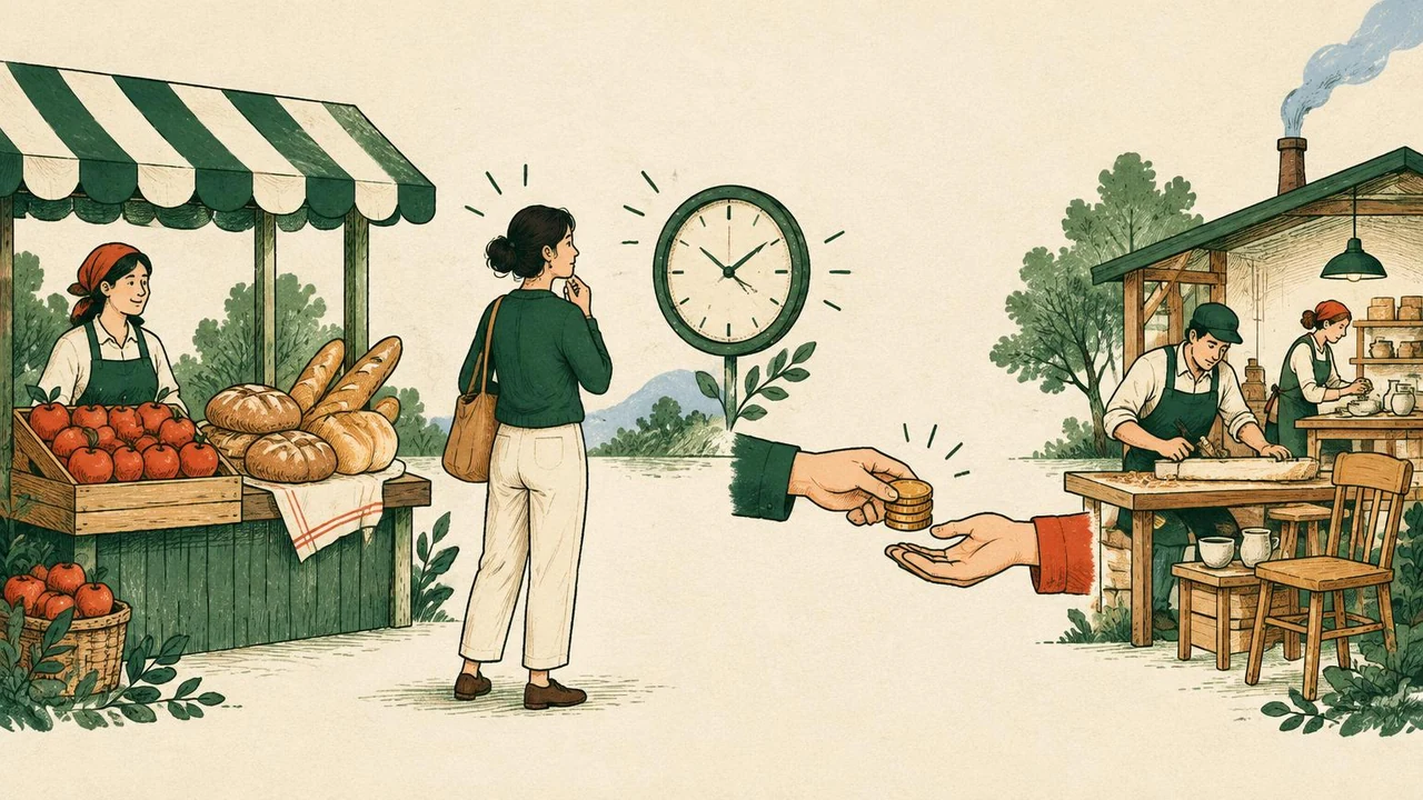 Conceptual illustration of a market, a person weighing time and purchases, an exchange of coins and a working bakery.