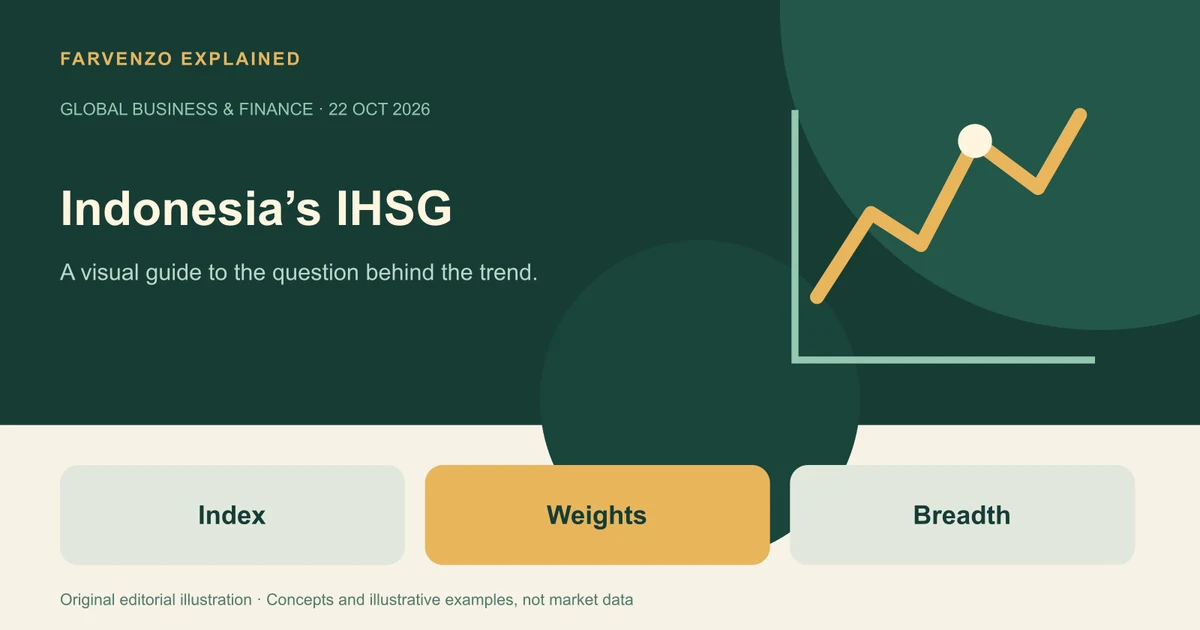 Conceptual illustration of Indonesia’s IHSG showing a sample stock-market line. Labels: Index, Weights, Breadth.