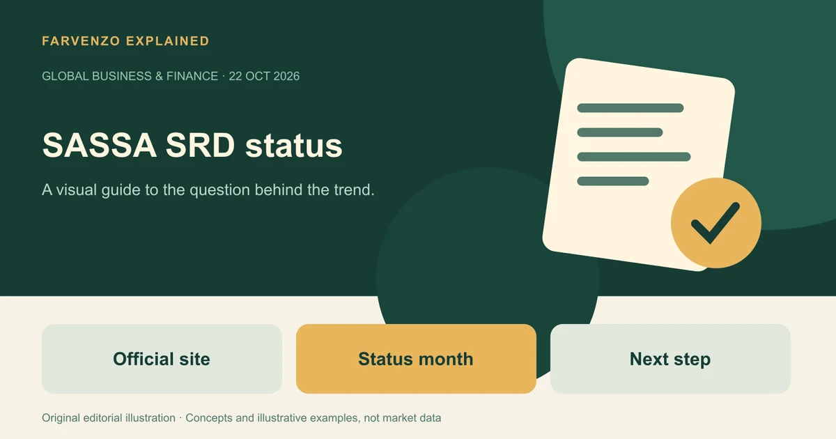 Conceptual illustration of SASSA SRD status showing a document and verification mark. Labels: Official site, Status month, Next step.